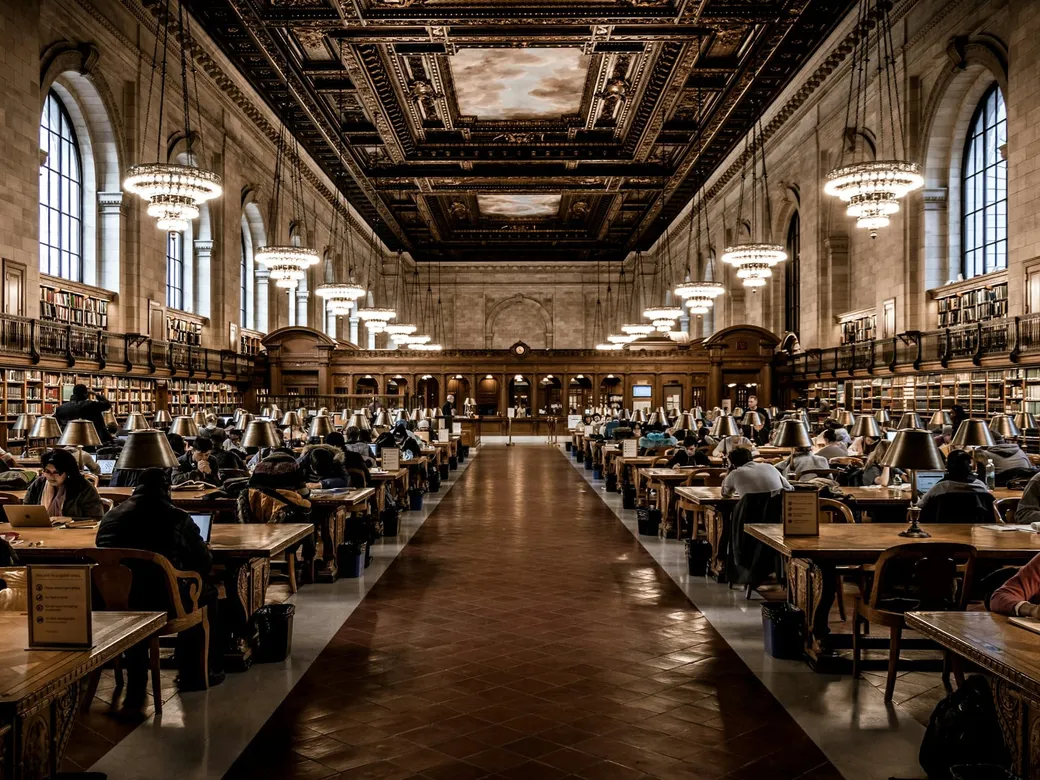 Grand library interior representing a research collection